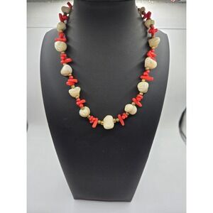 Vintage Natural Red Coral Shell Bead Necklace Set Coastal Beach Boho Jewelry